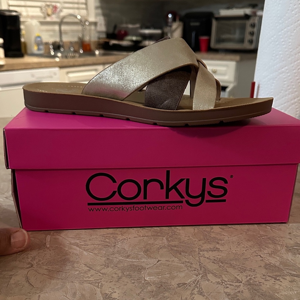 Corkys Women's Metallic Gold Cross-Band Sandals
